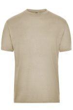 A tan men's work T-shirt featuring a classic crew neck design and short sleeves. It has a logo on the label.