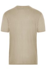 A beige men's T-shirt with a plain design and short sleeves, featuring a logo on the back.