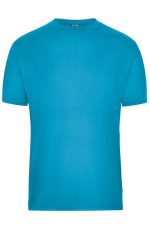 A turquoise mens work t-shirt featuring a regular fit and short sleeves, with a label at the neckline.