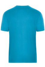 A bright blue work T-shirt featuring a crew neckline and short sleeves, with a logo on the back.