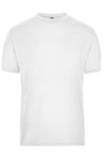A plain white men's t-shirt with a round neck and short sleeves, featuring a logo. Suitable for workwear.