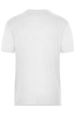 A plain white men's T-shirt featuring short sleeves and a simple design. It includes a logo on the back.