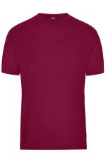 A burgundy men's workwear t-shirt with a classic crew neck and short sleeves, featuring a logo on the label.