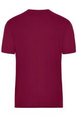A maroon men's t-shirt with a crew neck and short sleeves. The back view shows a plain design.