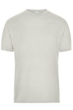 A plain grey short-sleeve T-shirt made of bio-friendly fabric, featuring a logo on the neckline.