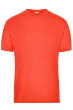 A bright orange Men's BIO Workwear T-Shirt with short sleeves and a plain design. Features a logo.