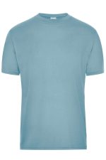 A light blue men's T-shirt with a classic crew neckline, featuring a logo on the label. Perfect for workwear.