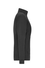 A side view of a black ladies doubleface jacket featuring a high collar and zip pockets. It has a simple design with a logo.