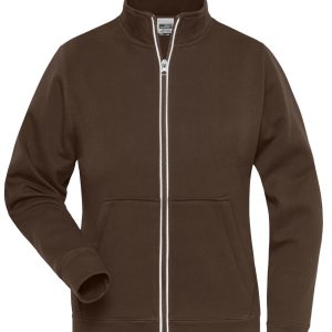 A brown zip-up jacket with a high collar and front pockets, featuring a logo on the chest.