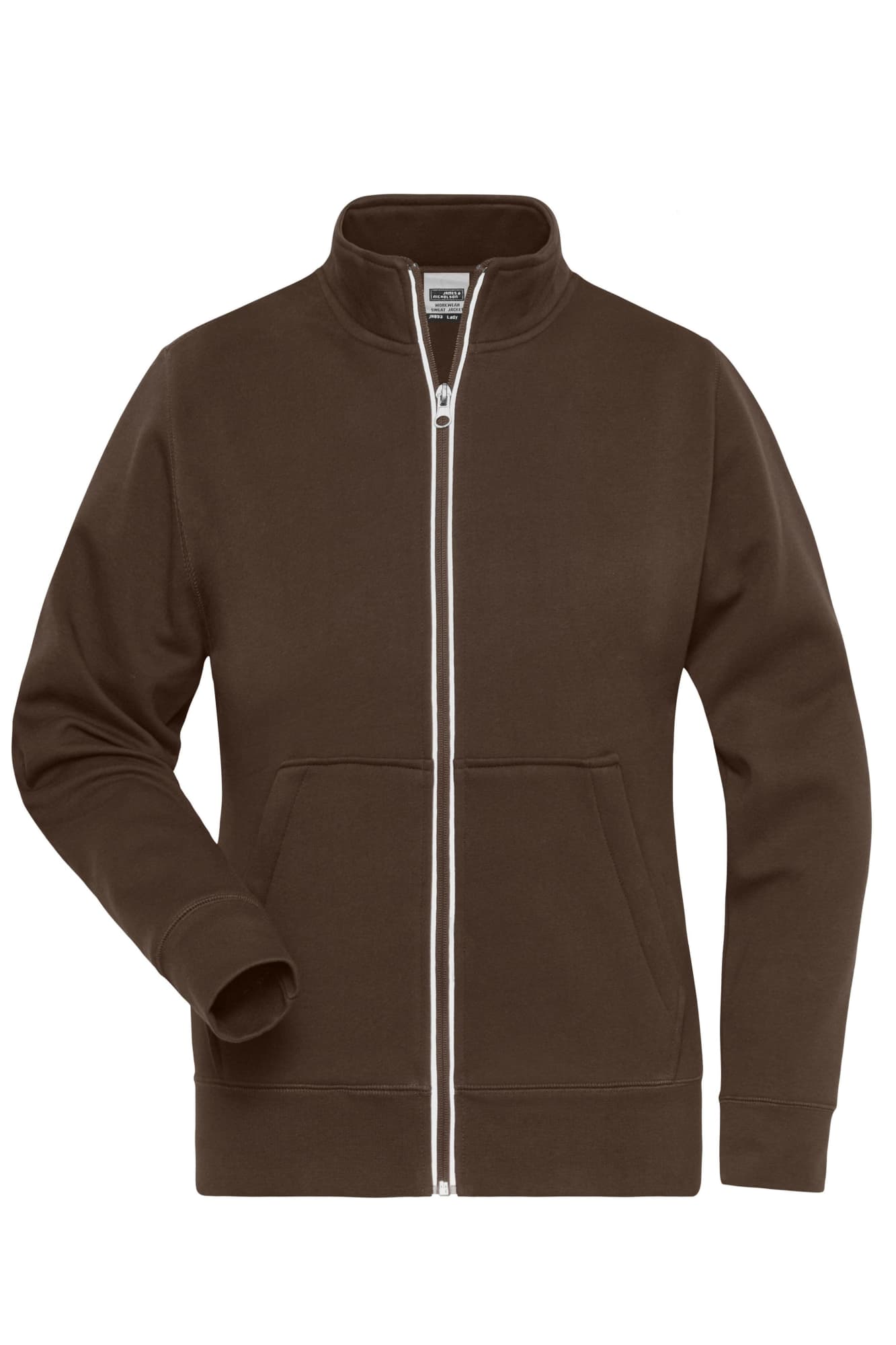 A brown zip-up jacket with a high collar and front pockets, featuring a logo on the chest. A brown zip-up jacket with a high collar and front pockets, featuring a logo on the chest.