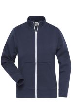 A navy blue doubleface jacket with a zip front and a pocket, featuring a collar and a logo.