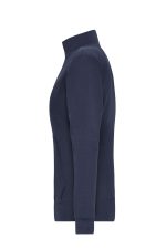 A navy blue ladies doubleface jacket featuring a zip and a fitted design, with a logo on the side.