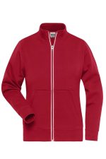 A red Ladies Doubleface Jacket features a zip front and a logo. It has long sleeves and a high collar.