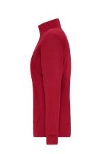 A red Ladies Doubleface Jacket in a side view, featuring a high collar and zip pockets. It has a logo on the fabric.