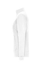 A white Ladies Doubleface Jacket with a fitted design and a zippered pocket, featuring a logo.