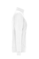 A white Ladies Doubleface Jacket with a zippered front and side pockets, featuring a logo.