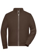 A brown doubleface jacket with a high collar, front zipper, and side pockets. It features a logo on the chest.