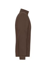A men's double-face jacket in brown, featuring a high collar and side pockets, with a branding logo.