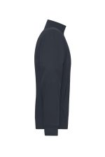 A double-face jacket in dark navy, featuring a zip-up collar and side pockets. It has branding on the garment.