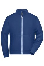 A blue men's double-faced work jacket with a full zip and front pockets. It features a logo on the chest.