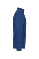 A men's double face jacket in blue, featuring a high collar and a side view showcasing its sleeve and pocket design.