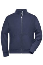 A navy blue men's double-faced jacket featuring a zip front and front pockets, with a logo on the chest area.
