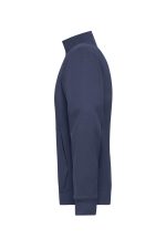 A navy blue men's double-face jacket features a high collar and long sleeves, with a pocket on the front.