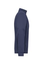 A navy blue men's double-face jacket featuring a zip-up design and side pockets. It has a modern fit and minimal branding.