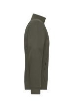 A men's olive green doubleface jacket viewed from the side, featuring a collared neck and pocket.