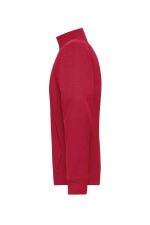 A red men's doubleface jacket featuring a high collar and long sleeves, with a side view highlighting its design.