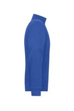 A blue men's doubleface jacket featuring a high collar and a side view silhouette. It has a logo on the sleeve.