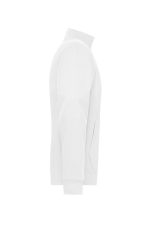 A white men's doubleface jacket with a high collar and side pockets, featuring a logo on one side.