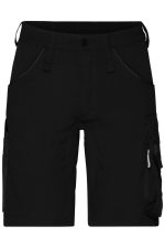Black stretch bermuda work shorts featuring multiple pockets and a logo. Ideal for workwear applications.
