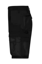 A pair of black work shorts featuring multiple pockets and a logo on the front.