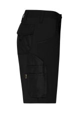 A pair of black work shorts with multiple side pockets and a logo, designed for workwear.