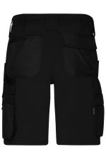 A pair of black work shorts with multiple pockets and a branded label on the side.