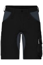 Black work shorts featuring contrasting dark grey panels and multiple pockets, with an unobtrusive logo.