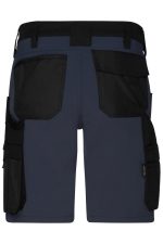 Navy work shorts with black accents and multiple pockets, featuring a logo on the waistband.