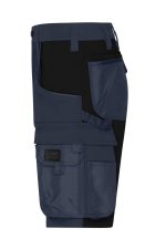A pair of navy blue work shorts featuring multiple pockets and a logo. Ideal for workwear applications.