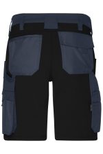 A pair of black and navy work shorts featuring multiple pockets and a rugged design suitable for workwear.