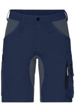 Workwear Stretch-Bermuda in navy, featuring multiple pockets and grey accents, includes a logo on the design.