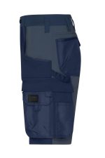 Workwear Stretch-Bermuda in navy and grey, featuring multiple pockets and a logo. Suitable for work or casual wear.