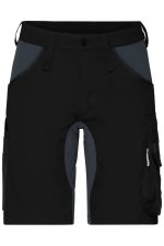 A pair of black work shorts with dark grey panels and multiple pockets, featuring a logo on the waistband.