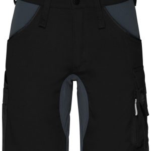 A pair of black work shorts with dark grey panels and multiple pockets, featuring a logo on the waistband.