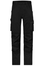 Black workwear stretch-pants with multiple pockets and a logo, designed for durability and comfort.