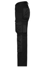 A pair of black workwear stretch-pants featuring multiple pockets and an integrated design.