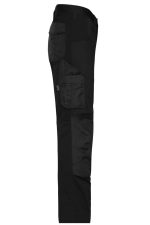Black stretch-work pants with multiple pockets and a sleek design. Features a logo on the fabric.