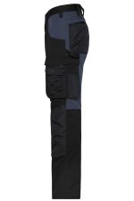 Workwear stretch pants in black and navy, featuring multiple pockets and a rugged design. Includes branding.