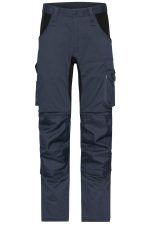 Navy blue work pants with black accents and multiple pockets, featuring a logo on the waistband.