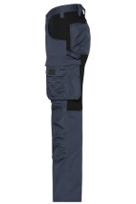 A pair of navy work pants featuring black accents and multiple pockets. The design includes a logo on the waistband.